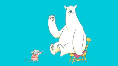 Illustration of a white polar bear sitting on a small yellow chair waving it's paw. A tiny grey mouse points at the bear.