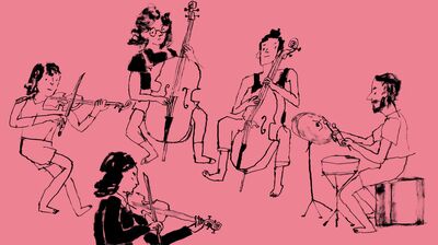 A drawn image of a band playing instruments