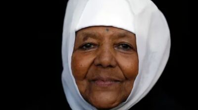 Emahoy Tsegué-Maryam Guèbrou wearing a white head covering