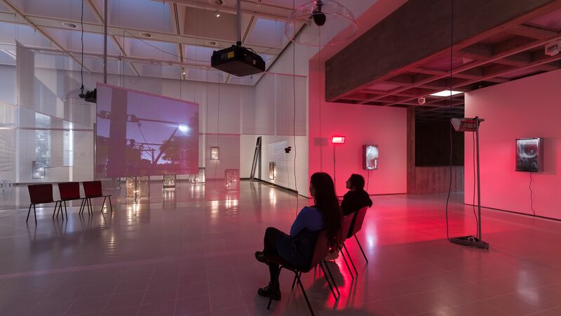 Two people bathed in pink-red light watching a film in the Leap Year installation