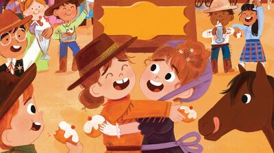 Illustration of characters celebrating in a western town square. The Wild West Twins hug in front of a statue of themselves, holding cakes.