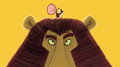 Illustration of the top half of a lions head with a mouse sat on its mane against a yellow background