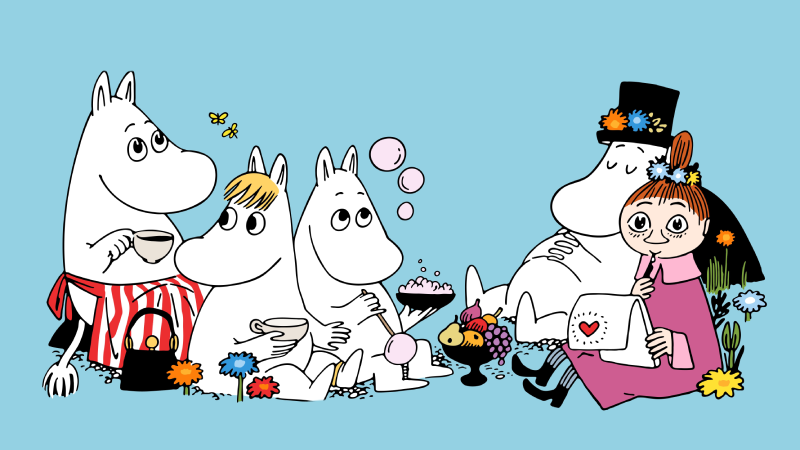 Illustrated white Moomin characters sit having a tea party on a blue background