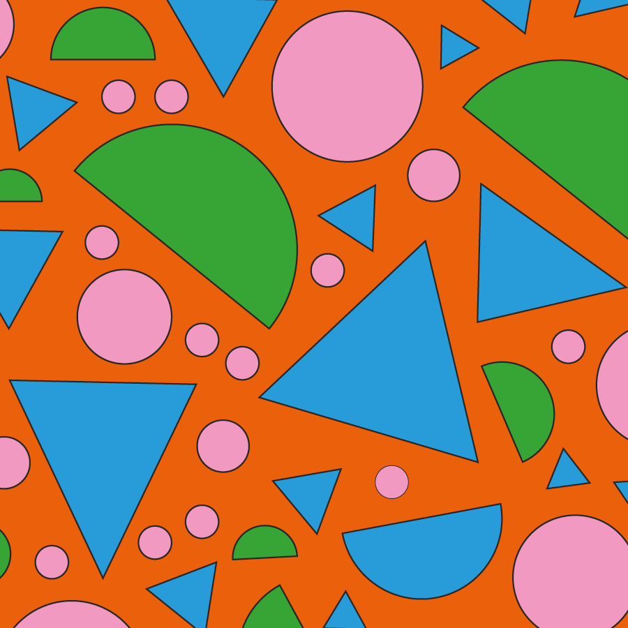 Different sized pink circles, green semi-circles and blue triangles on an orange background