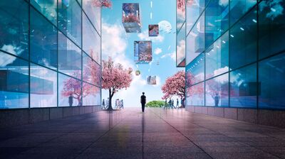 A person walks down a street with floating glass buildings, blue skies and pink cherry blossom trees.
