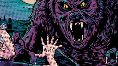Comic drawing of a werewolf baring its teeth with yellow eyes at Stewart Lee