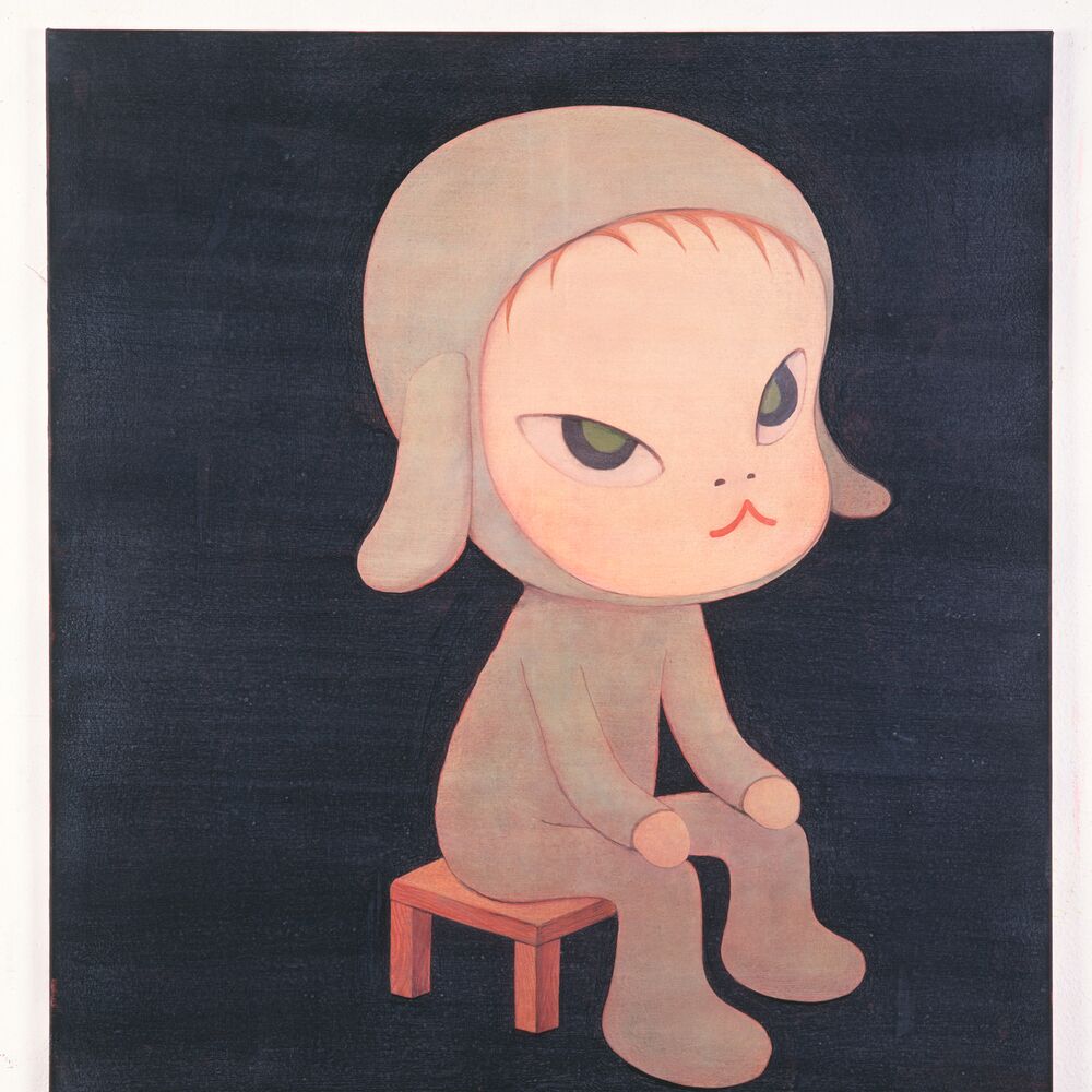 Painting of figure on chair by Yoshitomo Nara
