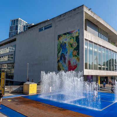 The fountain and artworks in front of Royal Festival Hall. 