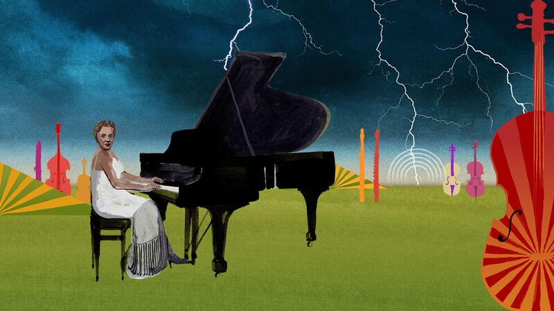 Illustration of a woman in a white dress playing a large black piano on grass with colourful instruments and a lightning filled sky in the background