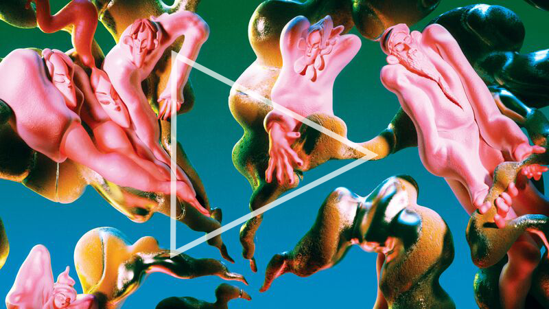 Colourful fluid human figurines on a contrasting background. A play button on top.