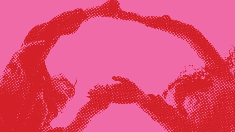 Two people holding hands and dancing digitised in red against a pink background