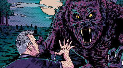 Illustration of Stewart Lee being attacked by a werewolf