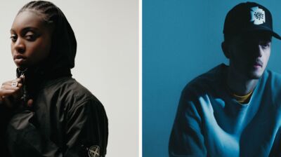 Left: A woman wearing a black hood and jacket. Right: A man wearing a black cap and blue jumper