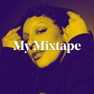 A young woman with red eye shadow holds her hood up. The words 'My mixtape' are in situ over the topof the image of the woman.