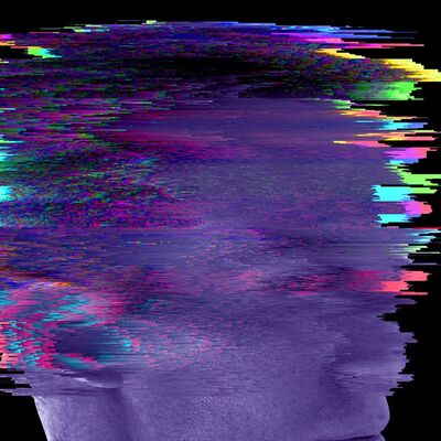 A side profile of a man's head, blurred with multicoloured static