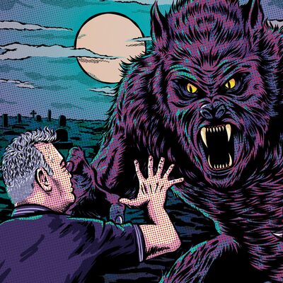 a comic graphic of Stewart Lee vs The Man-Wulf