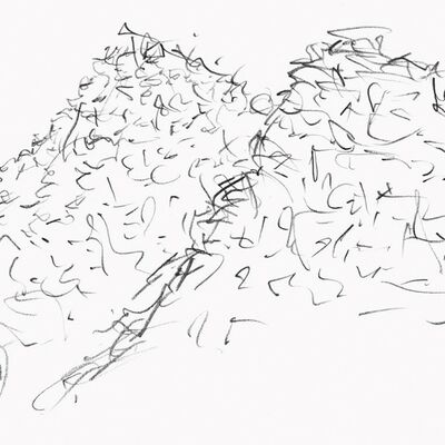 Pencil image of two mountains on a white background.