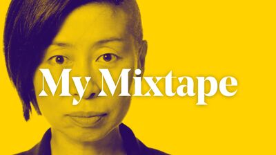 The musician and artist Kazuko Hohki, a middle-aged Japanese woman with short hair that is shaved up one side and swept off to the other. The words 'My Mixtape' are placed over the artist