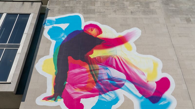 Artwork with three images overlaying each other in different dance shape and different colour