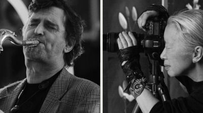 A composite image of Ed Jones playing the saxophone and Yuriko Takagi looking into a film camera