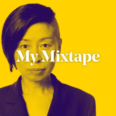 The musician and artist Kazuko Hohki, a middle-aged Japanese woman with short hair that is shaved up one side and swept off to the other. The words 'My Mixtape' are placed over the artist