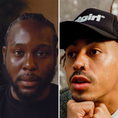 Left; Caleb Femi wears a black tshirt with a cream background, right; Jordan Stephens against a grey wall wearing a grey jacket and black baseball cap
