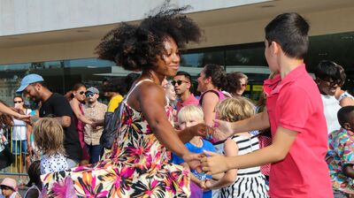 Two young dancers twist on the Southbank Centre's Riverside Terrace
