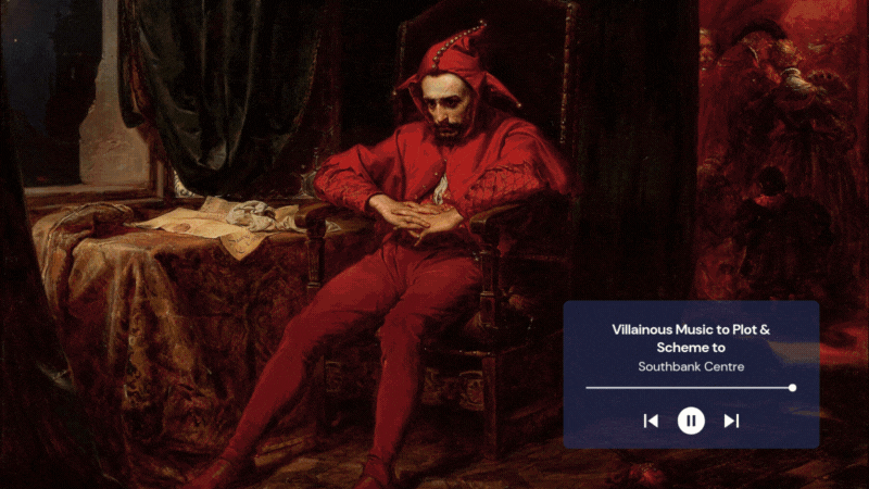 Rolling image of medieval images including a sad looking red jester, a painted portrait of Johann Sebastian Bach, violins and skulls, Medusa by artist Caravaggio and a woman lying in a meadows.
