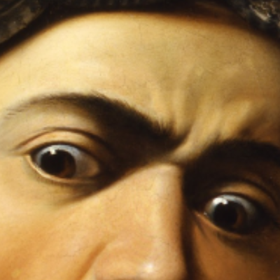 Cropped in image of Medusa by artist Caravaggio which shows a persons shocksd, emotional face.