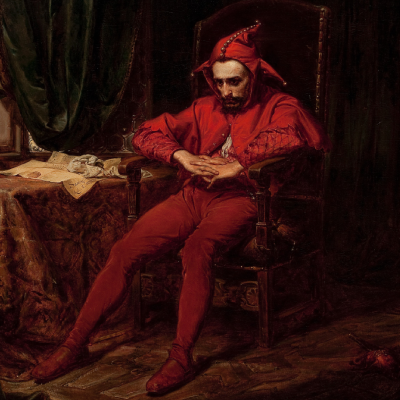 A paiting of a red jester looking sad called Stańczyk by Artist Jan Matejko.