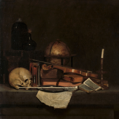 Dark image of string instruments layed out with music papers surrounding it and a human skull at the side.