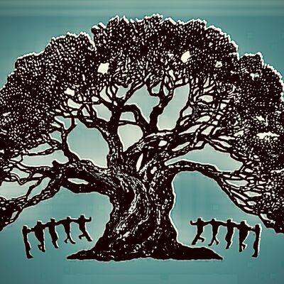 Illustration of a large tree with figures dancing beneath in two rows, on a blue background