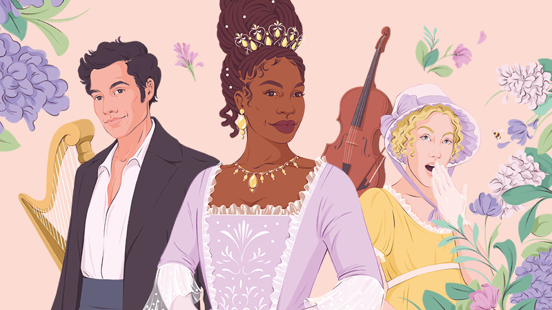 An illustration depicting various period drama characters - a regal queen in purple dress, and man in smart clothes with a slightly open shirt, and a woman gasping wearing a yellow dress. They are surrounded by a harp, violin and purple wisteria.