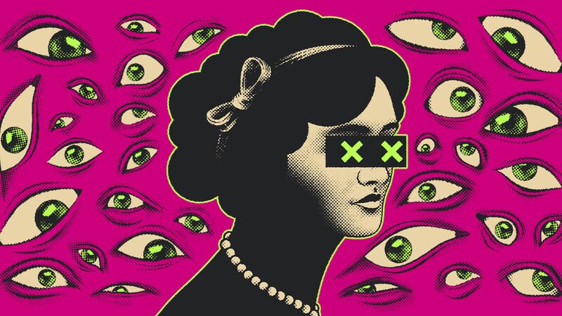 Pop-art face with two crosses over their eyes and many illustrated eyes surrounding the face over a pink background