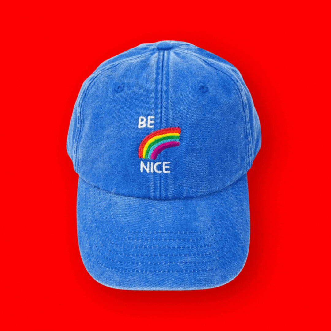 a gif of Shrigley's cap with Be Nice on it