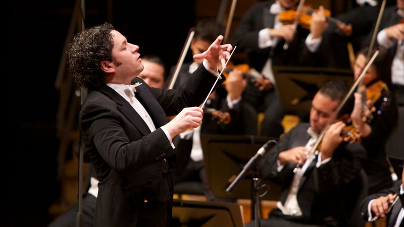 Conductor wearing a black suit white shirt and pink bow tie, with violinists playing around them