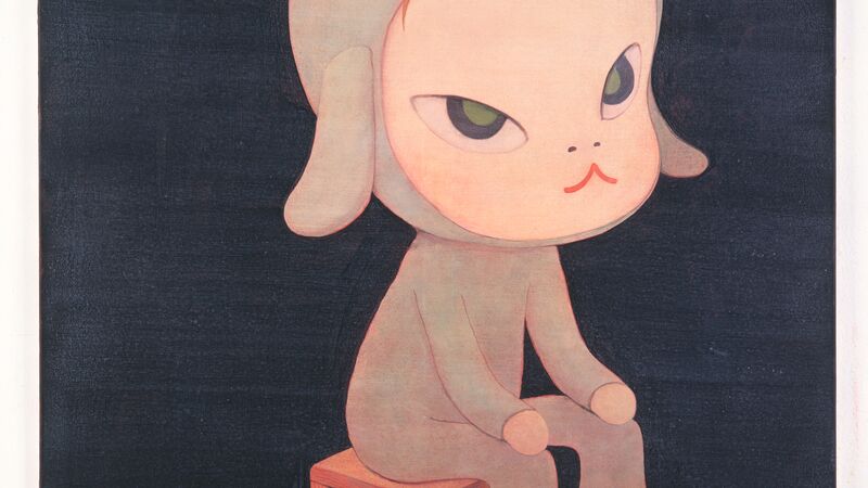 Painting of figure on chair by Yoshitomo Nara