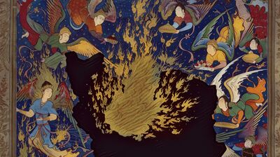 A painting with lots of small figures with wings and clouds surrounding them