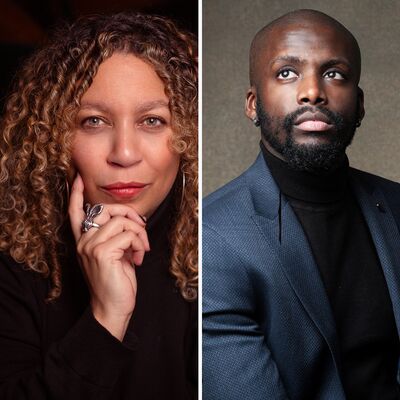 Left: A woman with curly hair, resting her head in her hand. Right: A man in a dark blue suit