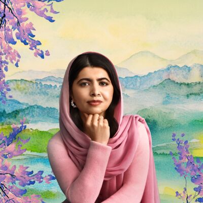 Malala wearing pink against a watercolour backdrop.