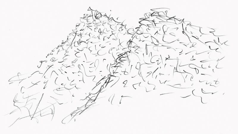 Pencil image of two mountains on a white background.