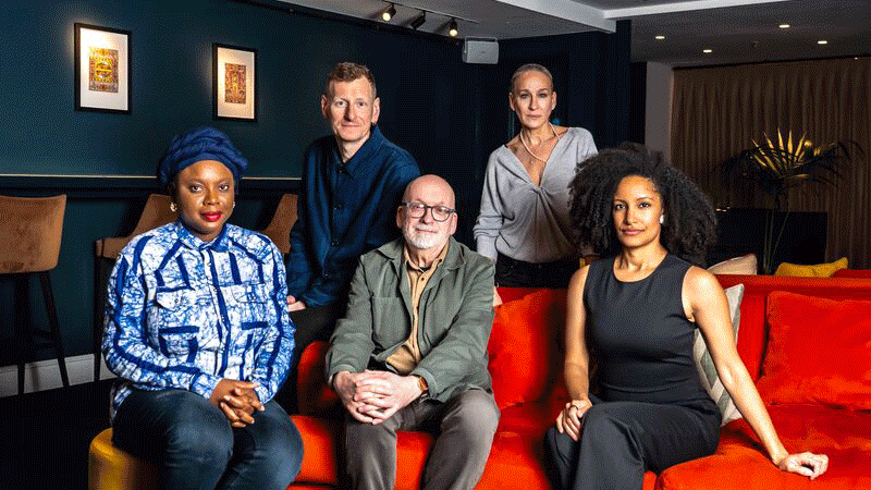 Rolling image of the Booker prize judges, people at relaxed sessions crafting on a blanket and Aurora Orchestra with their instruments.