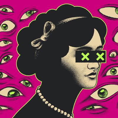 Pop-art face with two crosses over their eyes and many illustrated eyes surrounding the face over a pink background