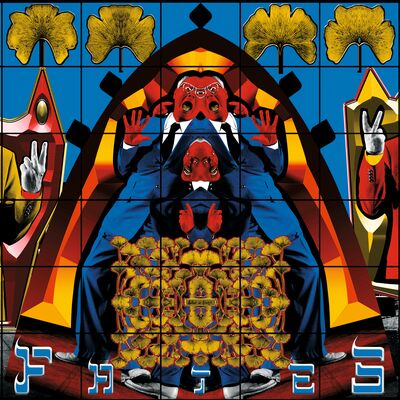 Artwork on square grid with bright colours and two men both holding two fingers up