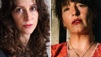 Two headshots of two women both with brown hair, one wearing blue and the other in red sat on a wooden bench