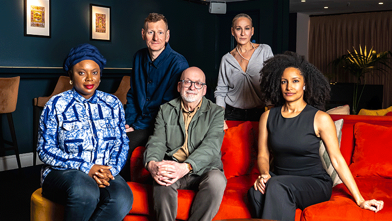 Rotating portrait images of the booker prize, Salman Rushdie, Zadie Smith and Joelle Taylor.