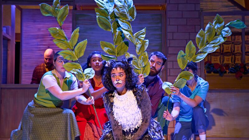 Performer onstage dressed as a cat with other performers holding leaves up around them.