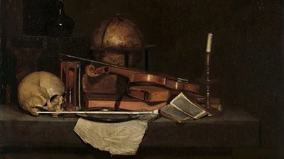 Dark image of string instruments layed out with music papers surrounding it and a human skull at the side.