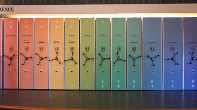 Multicoloured doors of the poetry archive at the NPL, Southbank Centre.