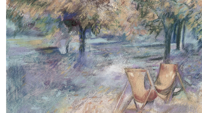Artwork of two deckchairs in a park.